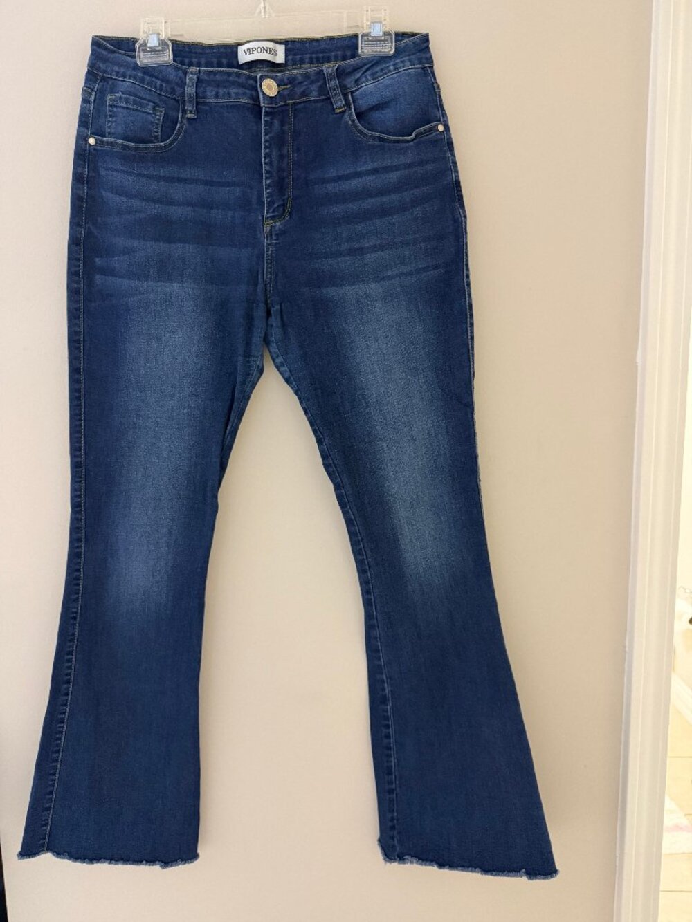 VERY NICE VIPONES WIDE LEG FLARE DENIM JEANS - SIZE 12 - STRETCH - FRINGE BOTTOM